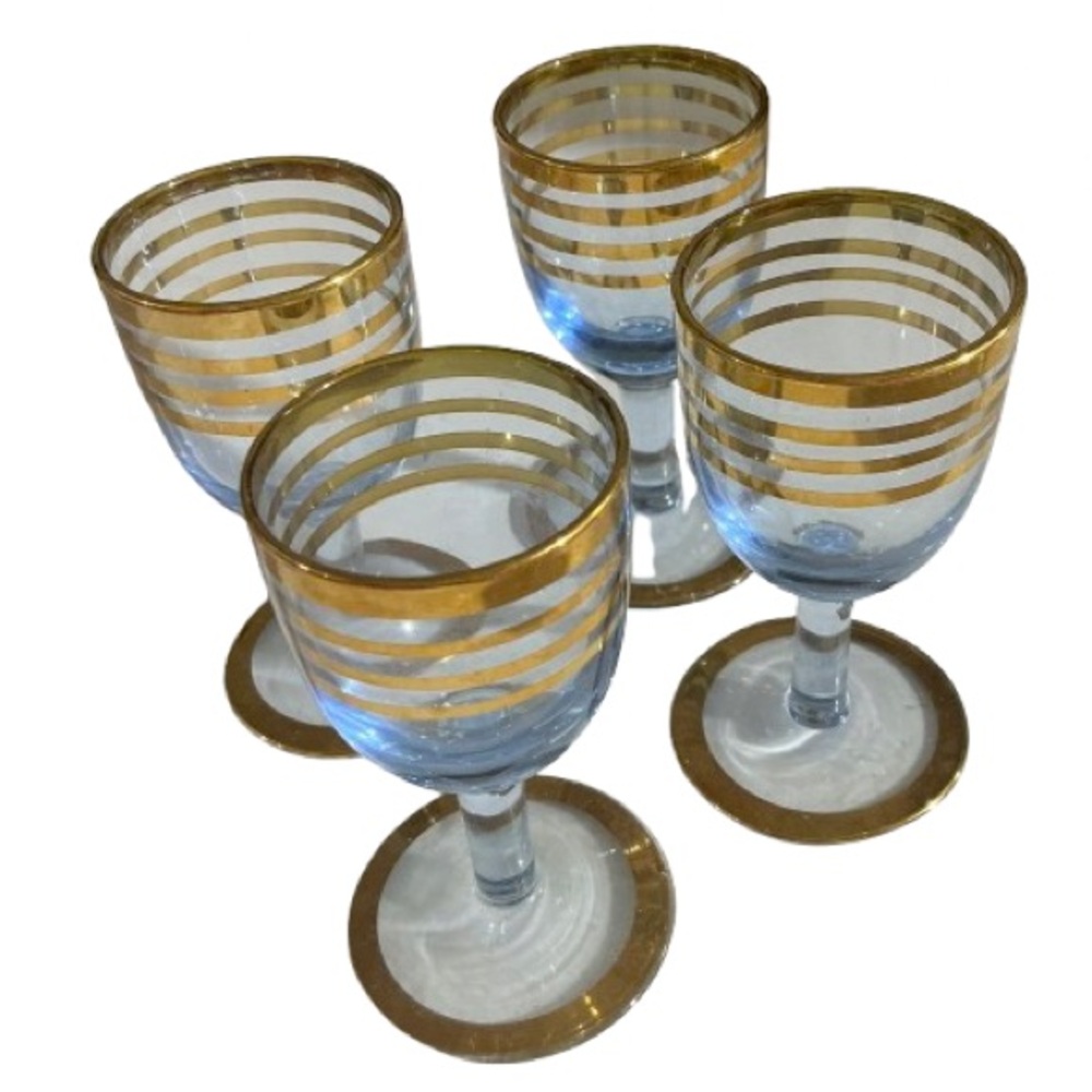 Vintage Mid Century USSR Blue Crystal Gold Trim Cordial Glasses Set of Four